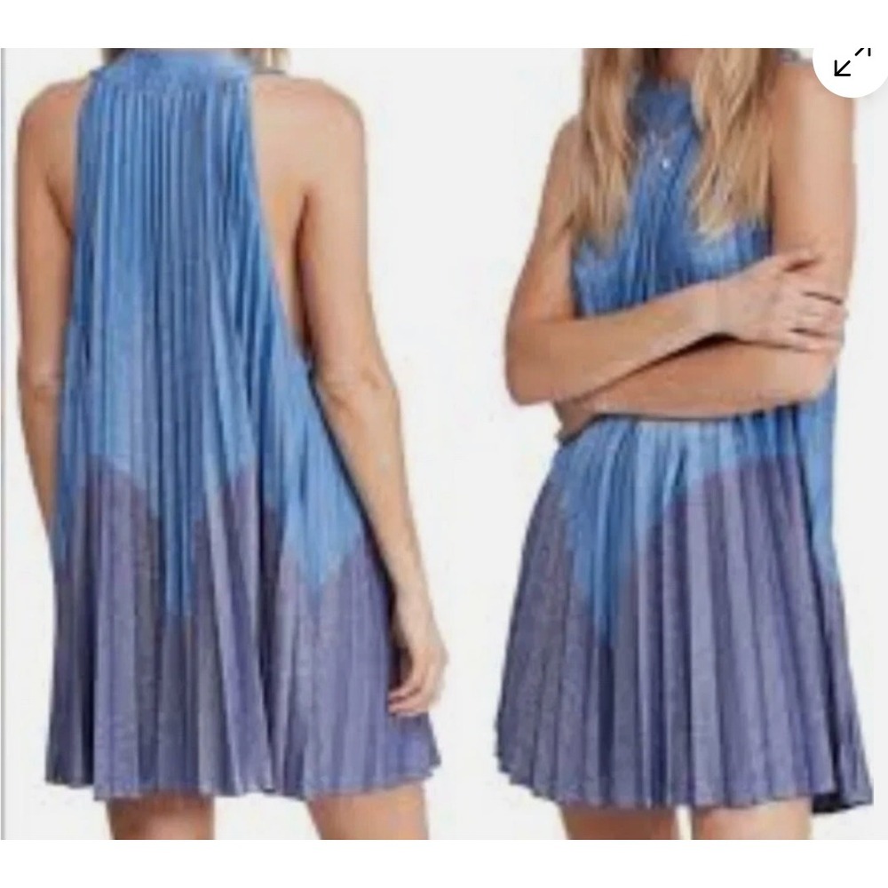 Free People Large Metallic Blue Pleated Love Mini Dress Crew‎ Neckline Size XS